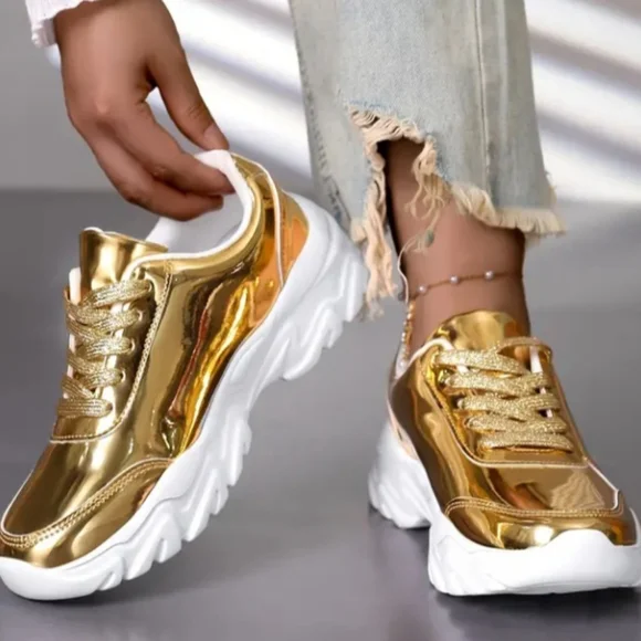 Women Gold Mirror Sneakers - Picture 1 of 10